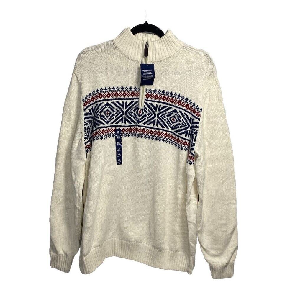 NEW IZOD Fair Isle Sweater Mens Large Ivory Cream‎ Knit 1/4 Zip Mock Neck Preppy